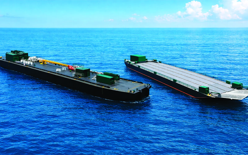 A rendering shows Mt. Rainier, a refined-products barge built for Tidewater, and Cordova Provider II, a deck cargo barge constructed for Lynden. The vessels were simultaneously launched by Gunderson Marine & Iron in Portland, Ore., in April, marking the first dual-vessel launch in the shipyard’s history.