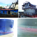 Clockwise from top left: damage to Patrick J Studdert on the starboard quarter, where the initial contact occurred, and deformed metal of the pilothouse. Damage (circled) to Clara B’s starboard bow and stem.
