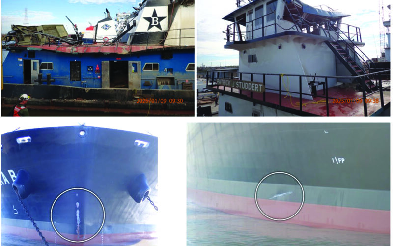 Clockwise from top left: damage to Patrick J Studdert on the starboard quarter, where the initial contact occurred, and deformed metal of the pilothouse. Damage (circled) to Clara B’s starboard bow and stem.