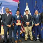 Representatives from Crowley, American Maritime Officers and the Stena Immaculate crew accepted the Gallant Ship Award during the National Maritime Day observance in Washington, D.C. From left: Willie Barrere, president, American Maritime Officers; Dimeter Mitev, chief engineer, Crowley; Peter Skerys, second mate, Crowley; Thor Pearson, chief mate, Crowley; Ion Sterie, bosun, Crowley; and James Fowler, executive vice president and division president, shipping and logistics, Crowley.