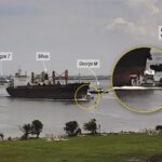 The 50-foot tugboat Miss Peggy can be seen rolling to starboard during a collision with Yangze 7, with two other vessels nearby, on July 19, 2024.